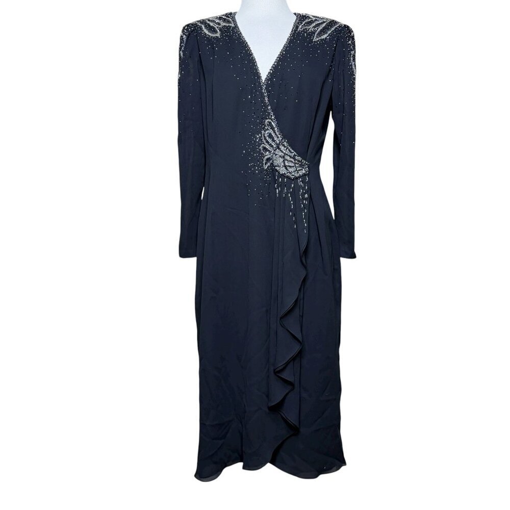 Jack Bryan Vintage Beaded  Wrap Cocktail Dress Silver Beaded Size 10